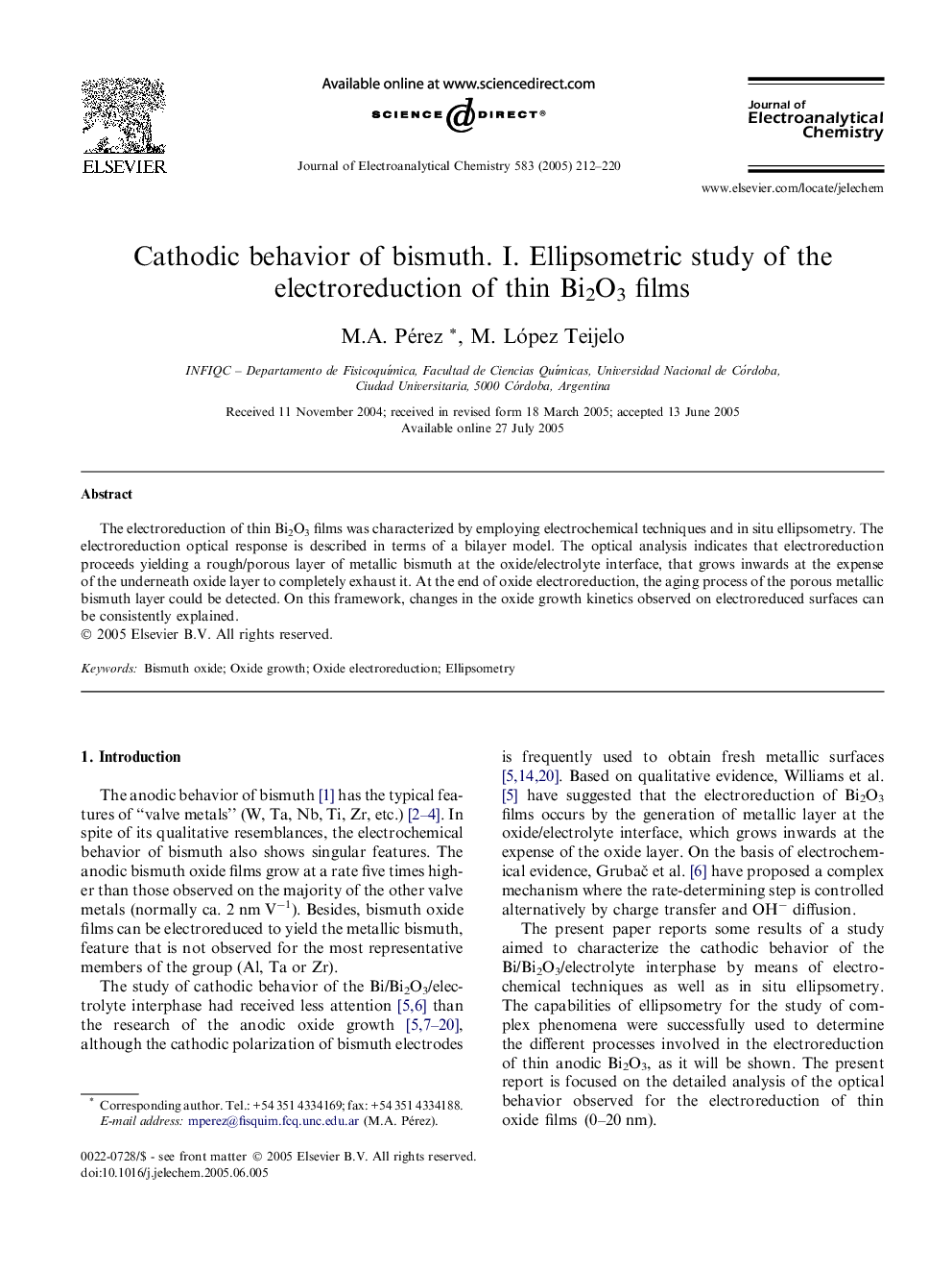Cathodic behavior of bismuth. I. Ellipsometric study of the electroreduction of thin Bi2O3 films