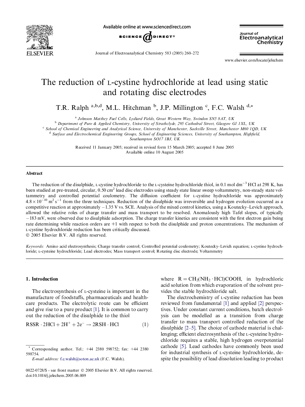 The reduction of l-cystine hydrochloride at lead using static and rotating disc electrodes