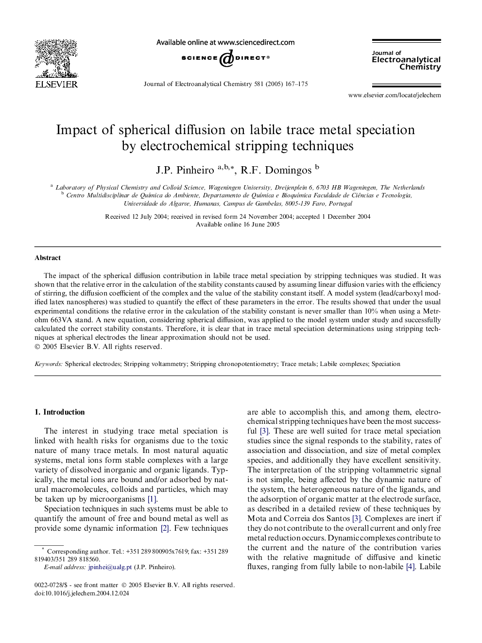 Impact of spherical diffusion on labile trace metal speciation by electrochemical stripping techniques