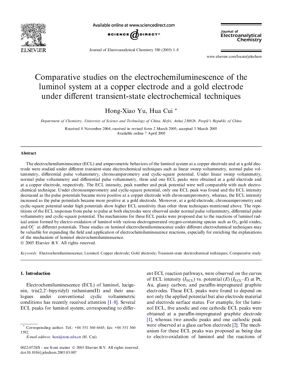 Comparative studies on the electrochemiluminescence of the luminol system at a copper electrode and a gold electrode under different transient-state electrochemical techniques