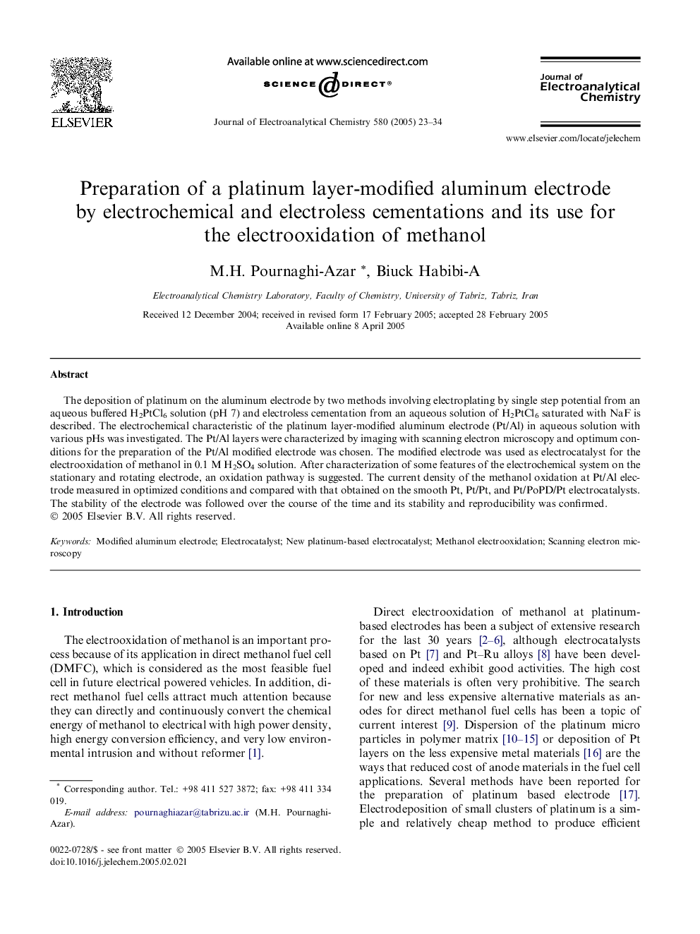 Preparation of a platinum layer-modified aluminum electrode by electrochemical and electroless cementations and its use for the electrooxidation of methanol