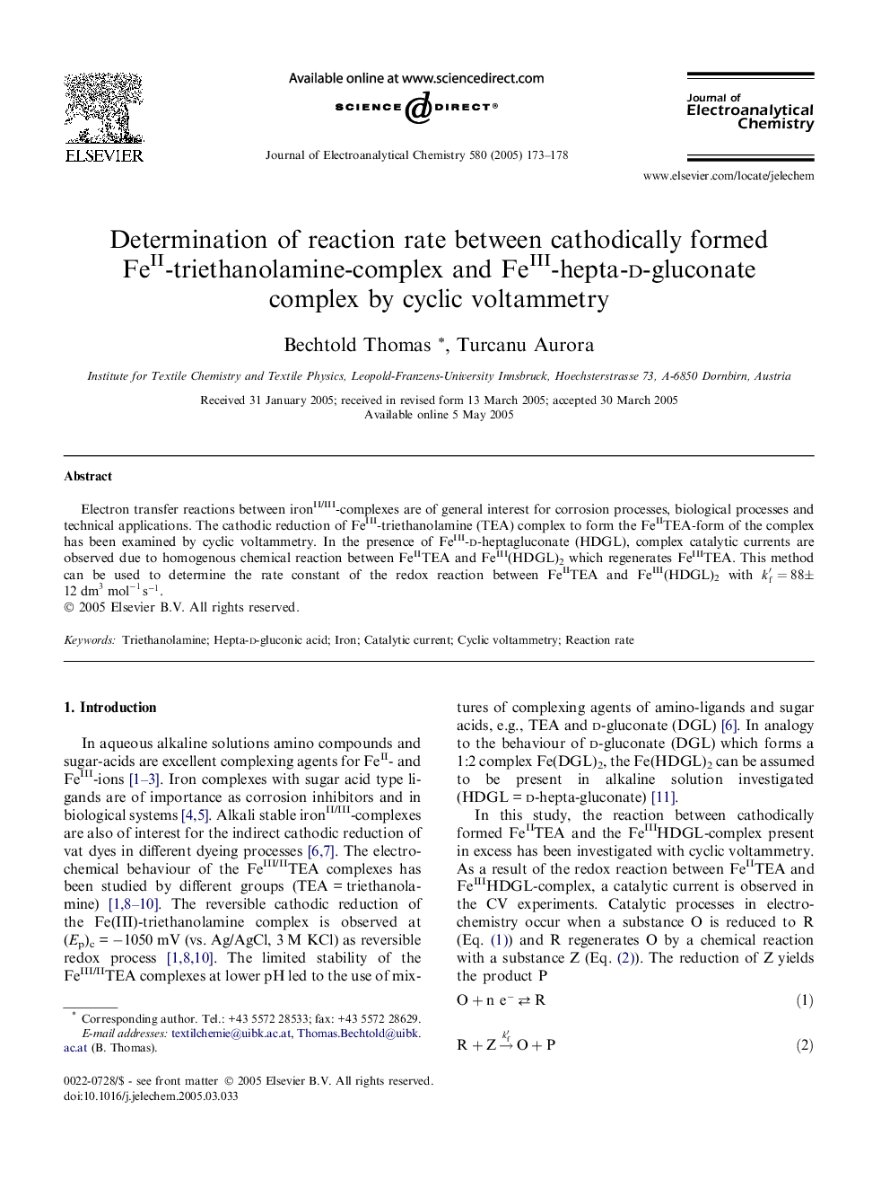 Determination of reaction rate between cathodically formed FeII-triethanolamine-complex and FeIII-hepta-d-gluconate complex by cyclic voltammetry