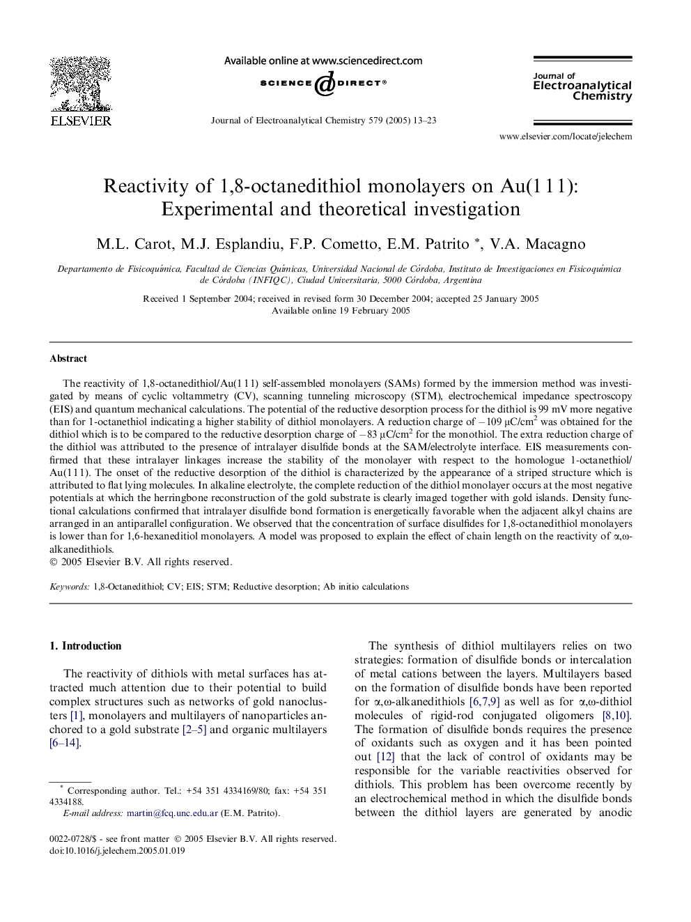 Reactivity of 1,8-octanedithiol monolayers on Au(1Â 1Â 1): Experimental and theoretical investigation