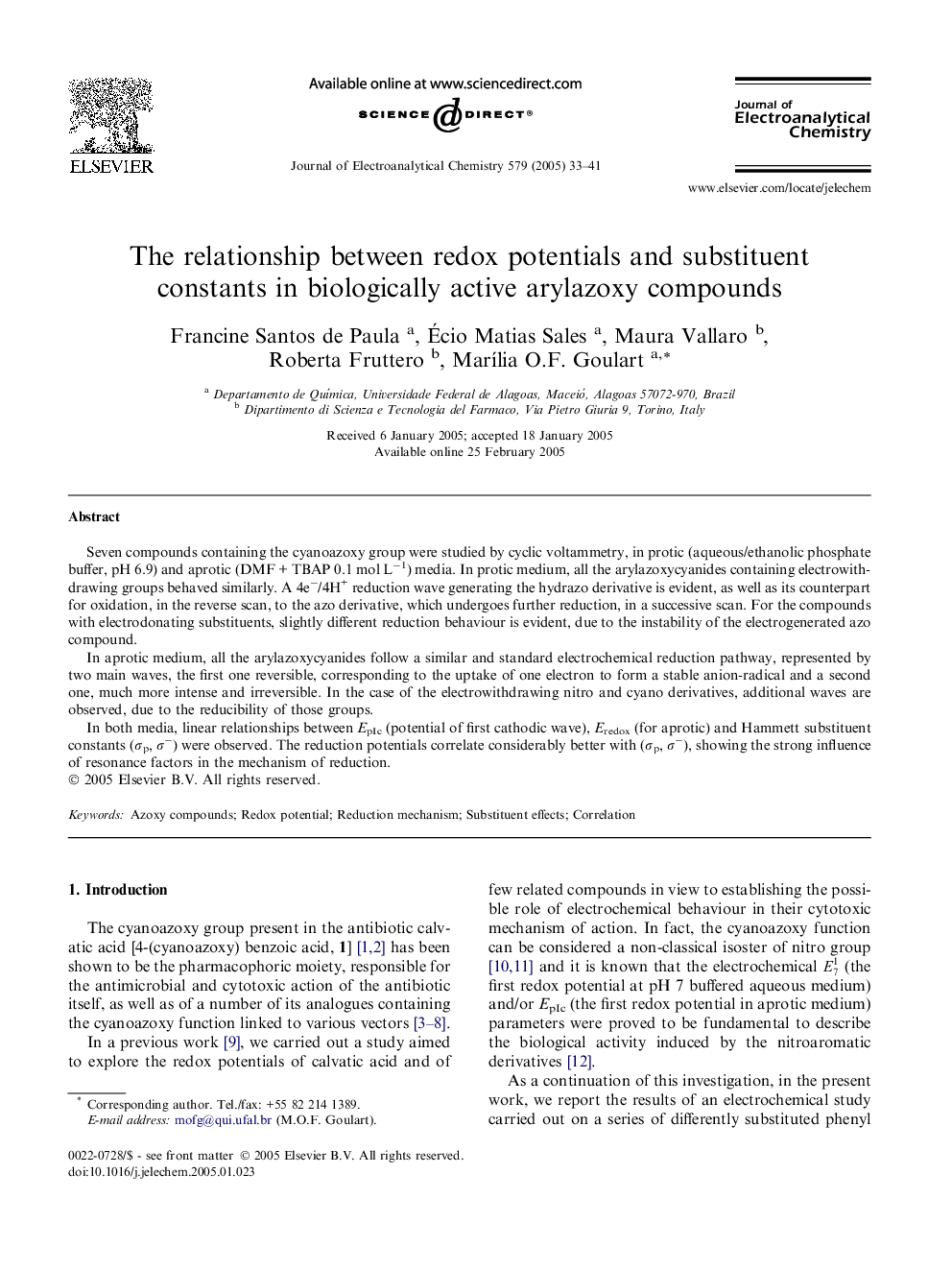 The relationship between redox potentials and substituent constants in biologically active arylazoxy compounds