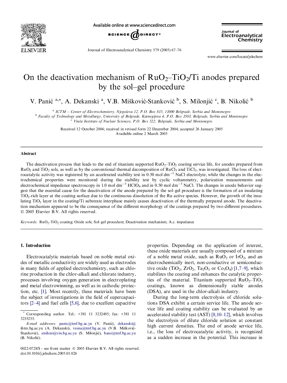 On the deactivation mechanism of RuO2-TiO2/Ti anodes prepared by the sol-gel procedure