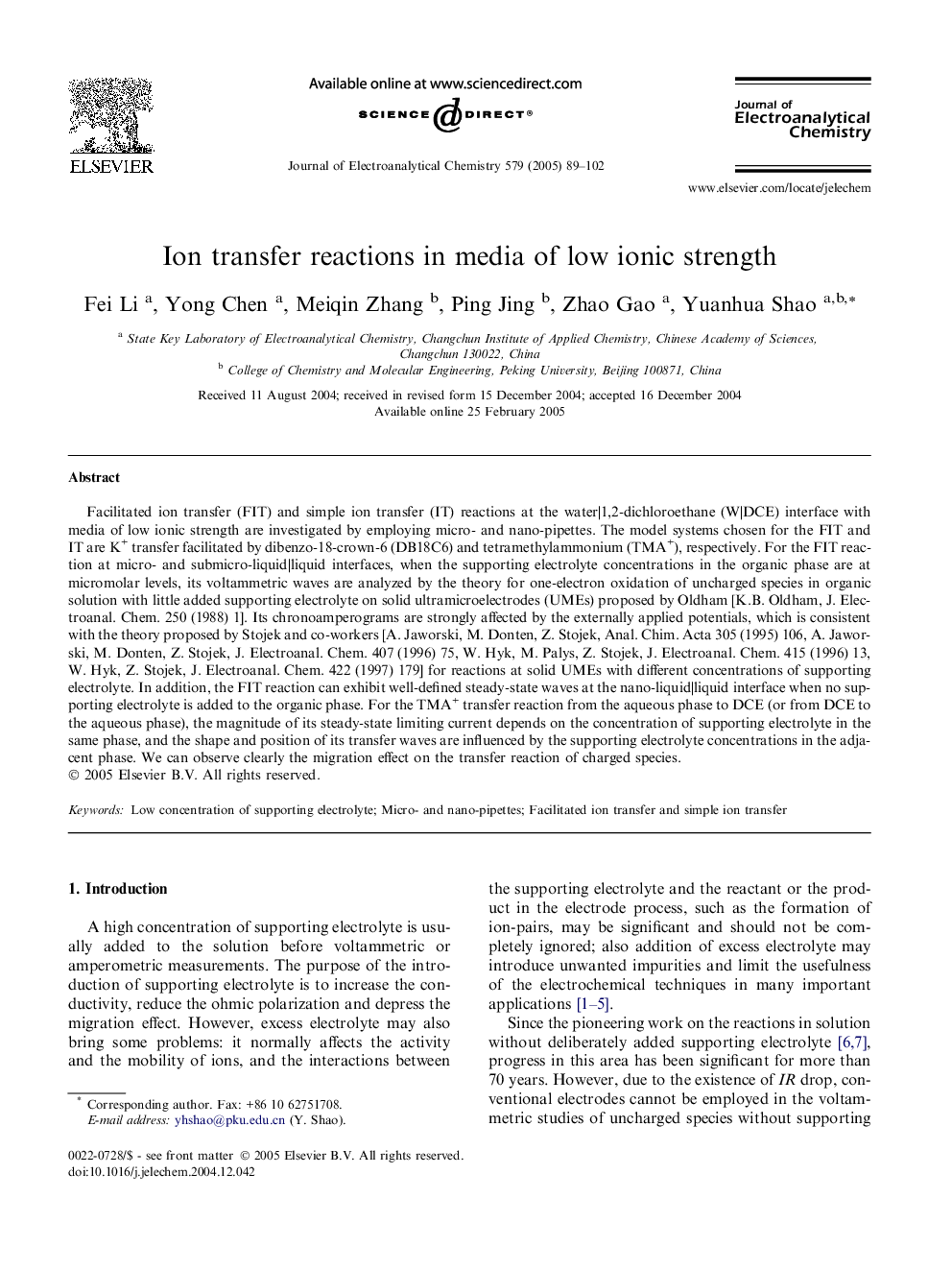 Ion transfer reactions in media of low ionic strength