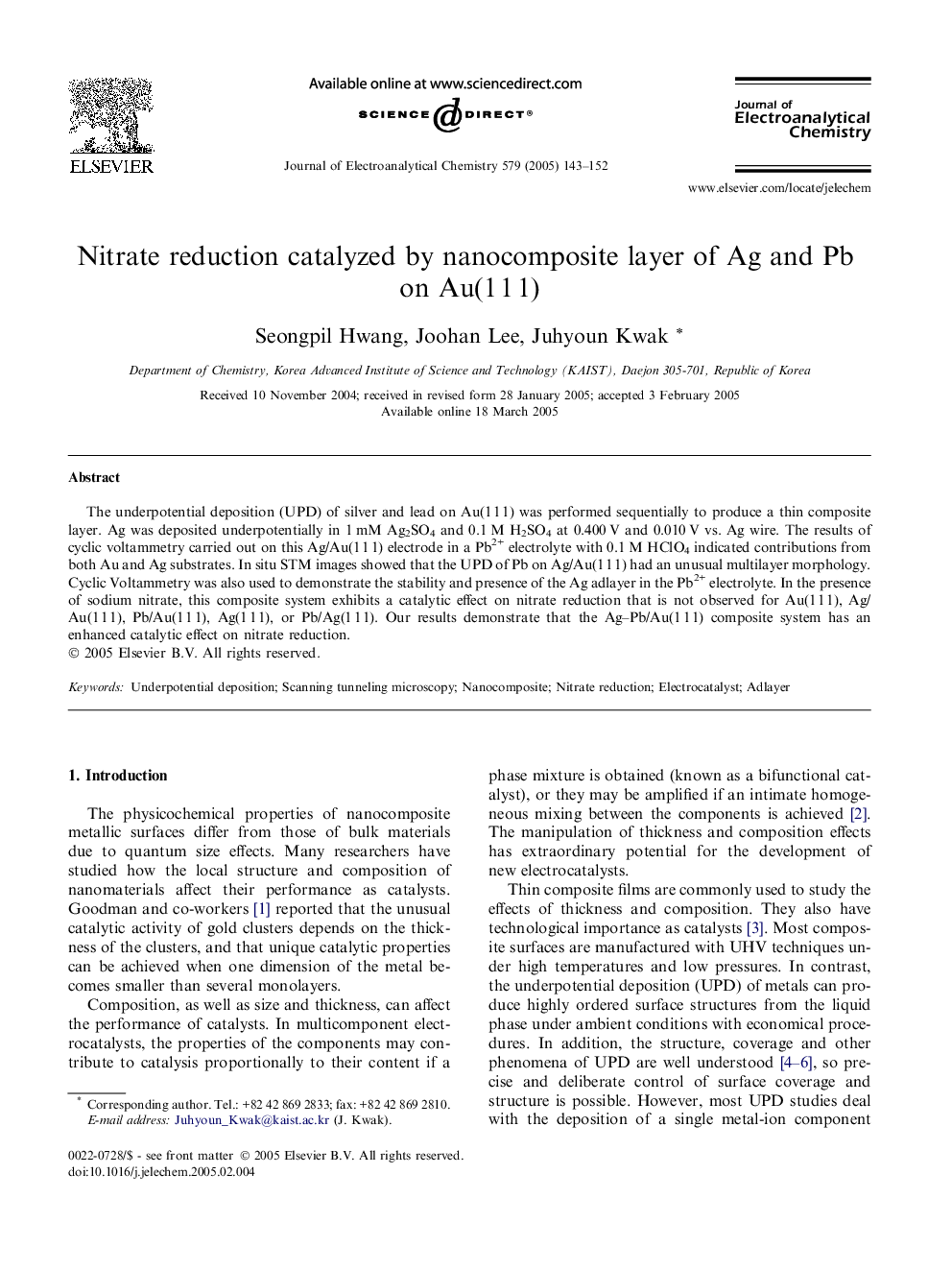 Nitrate reduction catalyzed by nanocomposite layer of Ag and Pb on Au(1Â 1Â 1)