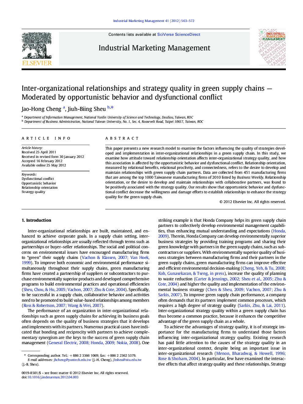 Inter-organizational relationships and strategy quality in green supply chains — Moderated by opportunistic behavior and dysfunctional conflict