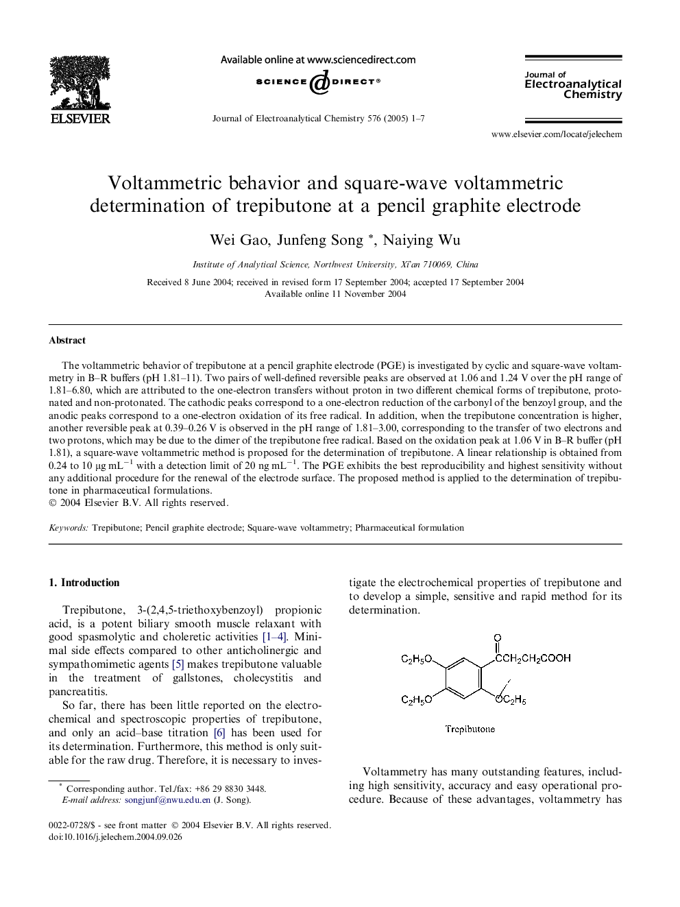 Voltammetric behavior and square-wave voltammetric determination of trepibutone at a pencil graphite electrode