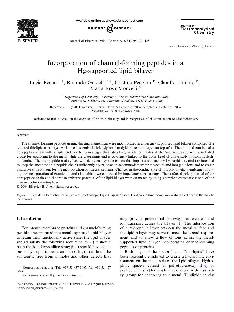 Incorporation of channel-forming peptides in a Hg-supported lipid bilayer