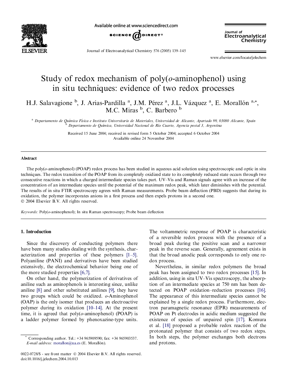 Study of redox mechanism of poly(o-aminophenol) using in situ techniques: evidence of two redox processes