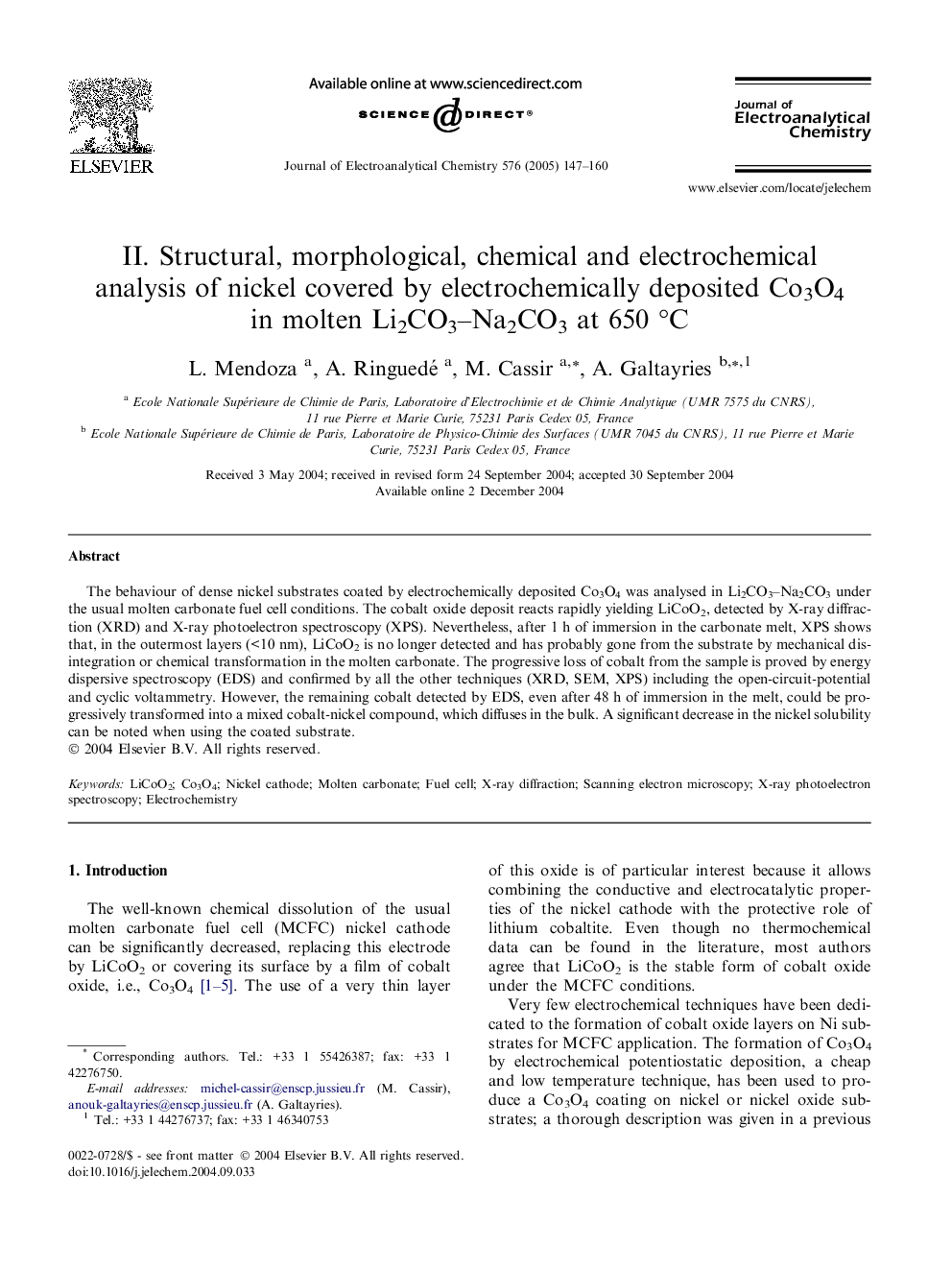 II. Structural, morphological, chemical and electrochemical analysis of nickel covered by electrochemically deposited Co3O4 in molten Li2CO3-Na2CO3 at 650 Â°C