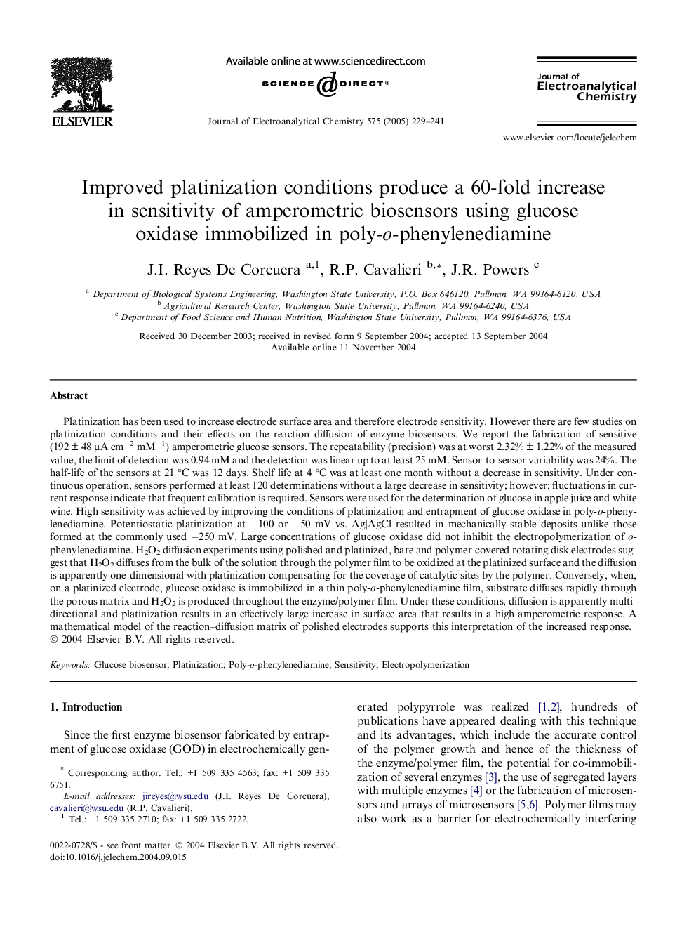 Improved platinization conditions produce a 60-fold increase in sensitivity of amperometric biosensors using glucose oxidase immobilized in poly-o-phenylenediamine