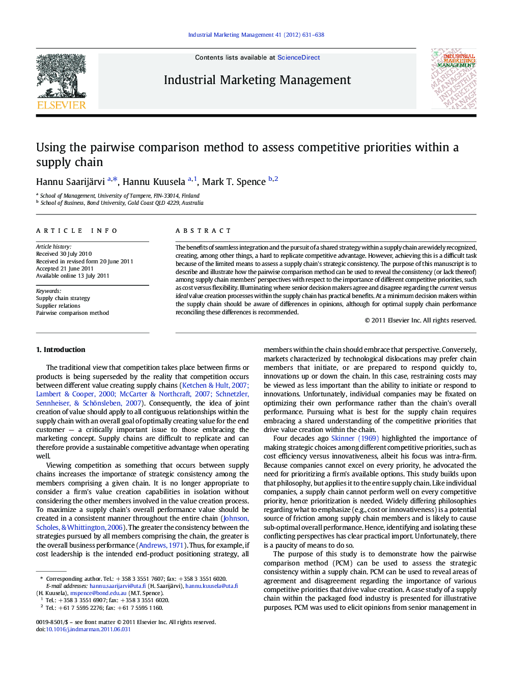 Using the pairwise comparison method to assess competitive priorities within a supply chain