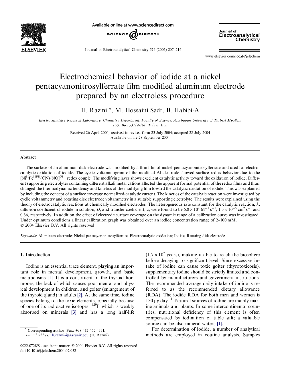 Electrochemical behavior of iodide at a nickel pentacyanonitrosylferrate film modified aluminum electrode prepared by an electroless procedure