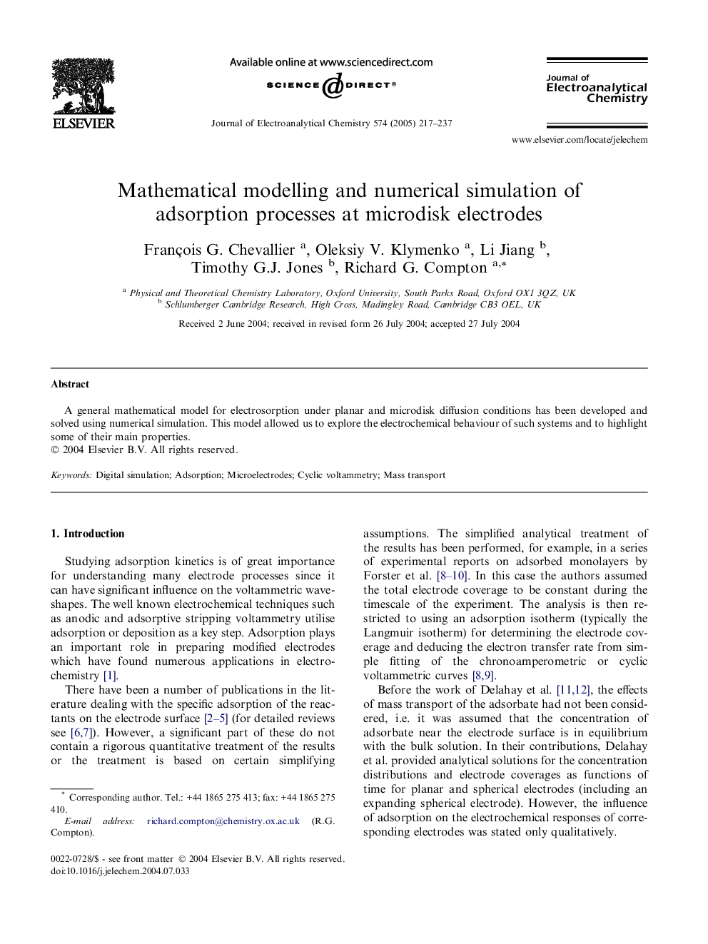 Mathematical modelling and numerical simulation of adsorption processes at microdisk electrodes