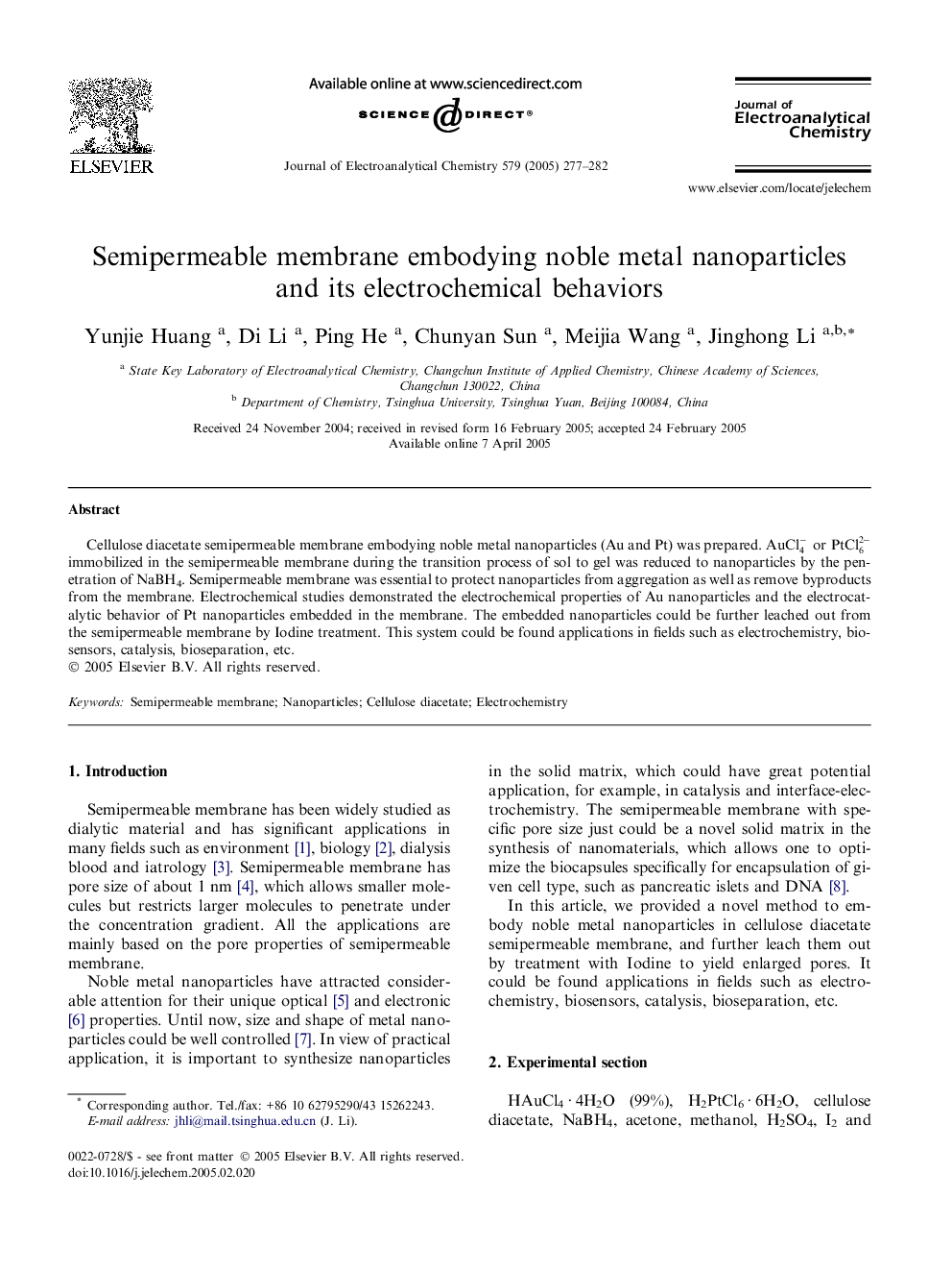 Semipermeable membrane embodying noble metal nanoparticles and its electrochemical behaviors