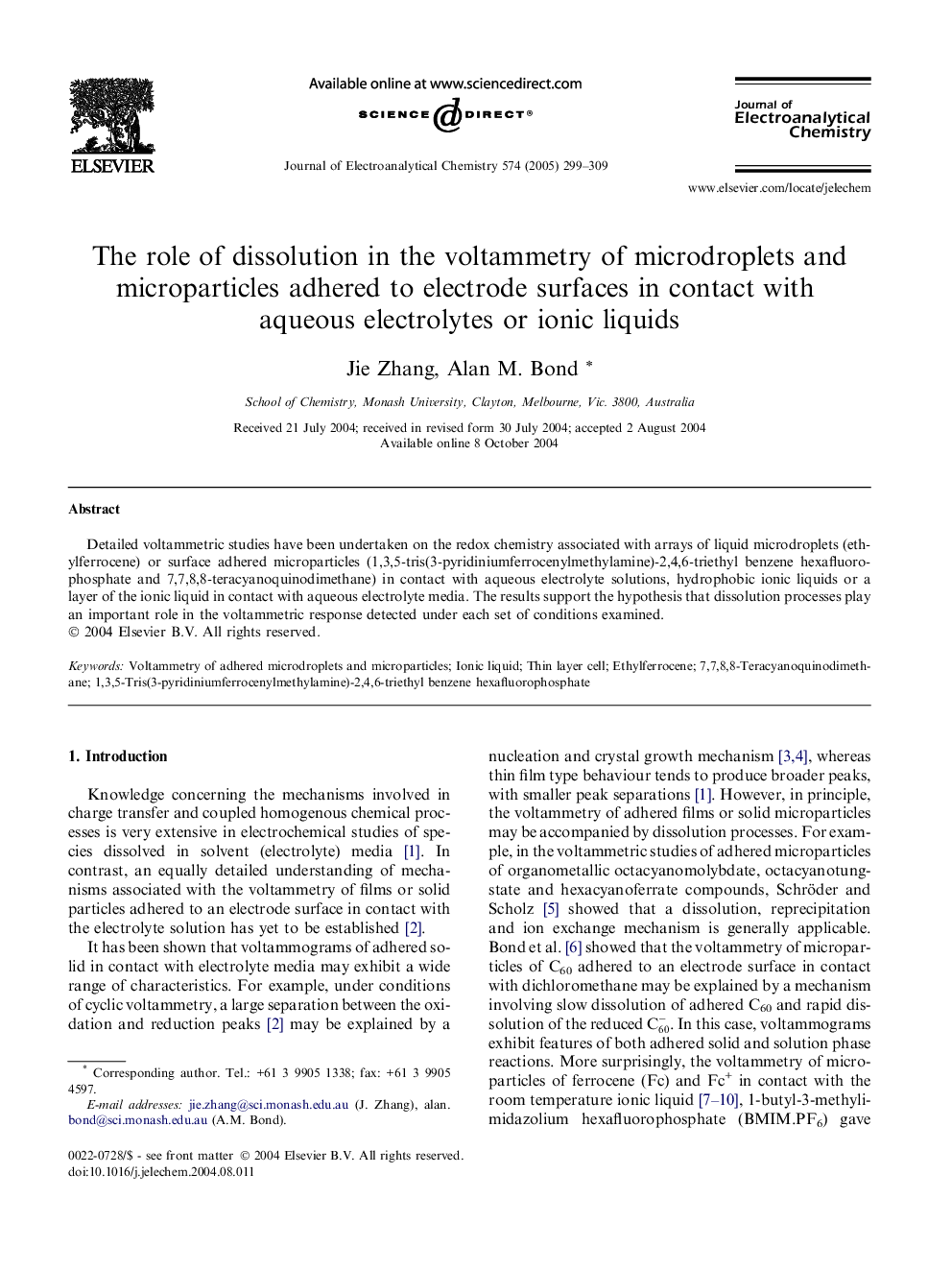 عکس صفحه اول مقاله: The role of dissolution in the voltammetry of microdroplets and microparticles adhered to electrode surfaces in contact with aqueous electrolytes or ionic liquids The role of dissolution in the voltammetry of microdroplets and microparticles adhered to electrode surfaces in contact with aqueous electrolytes or ionic liquids