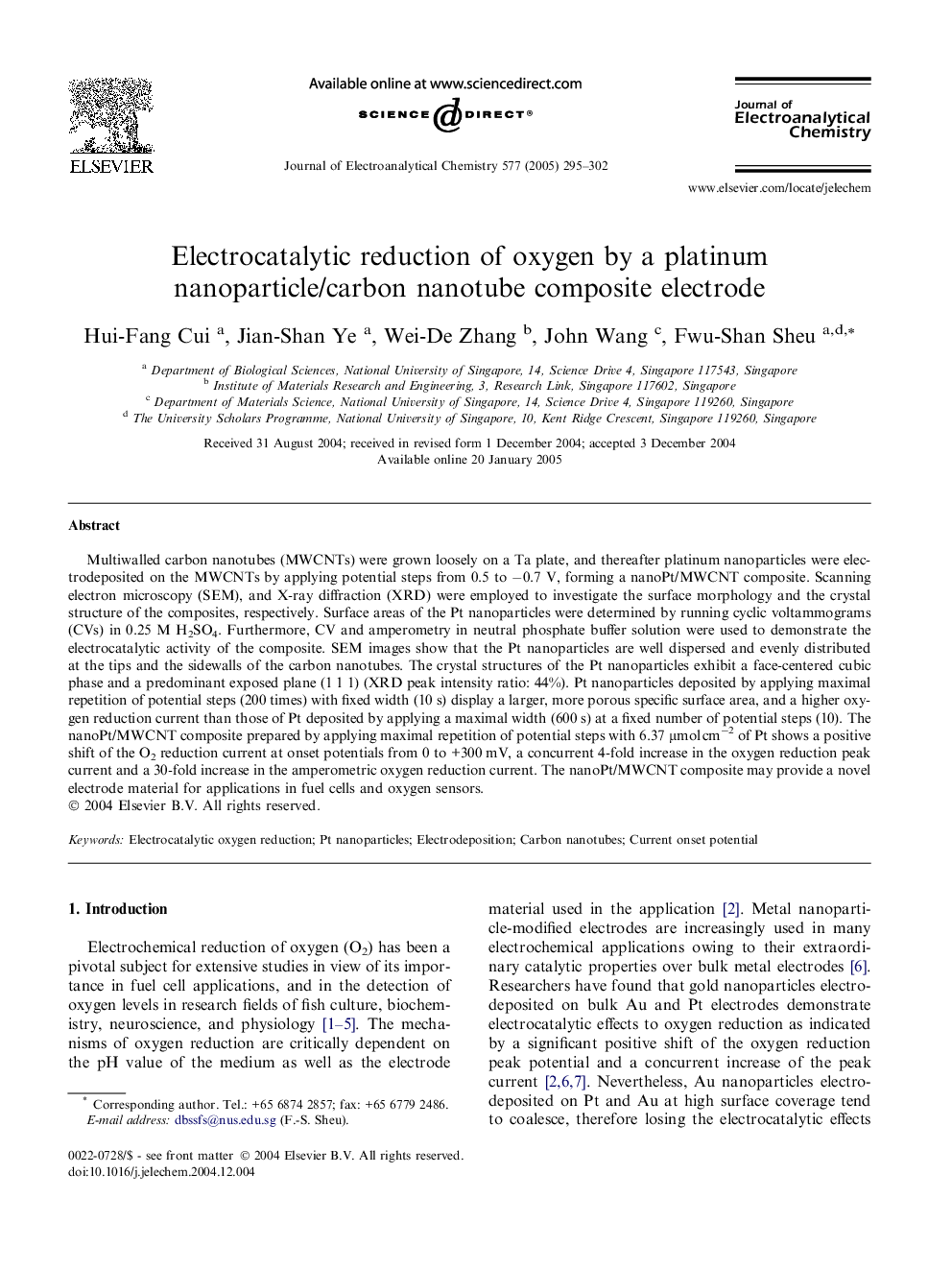 Electrocatalytic reduction of oxygen by a platinum nanoparticle/carbon nanotube composite electrode
