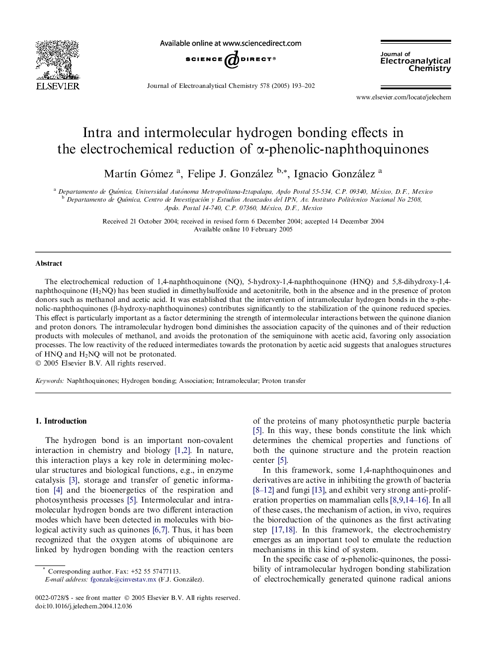 Intra and intermolecular hydrogen bonding effects in the electrochemical reduction of Î±-phenolic-naphthoquinones