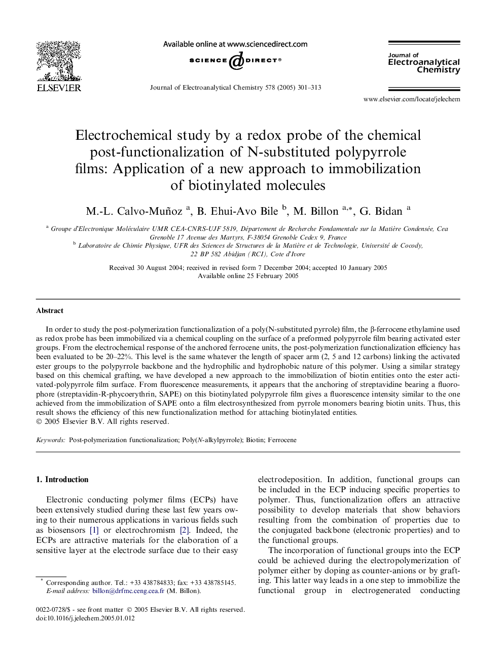 Electrochemical study by a redox probe of the chemical post-functionalization of N-substituted polypyrrole films: Application of a new approach to immobilization of biotinylated molecules