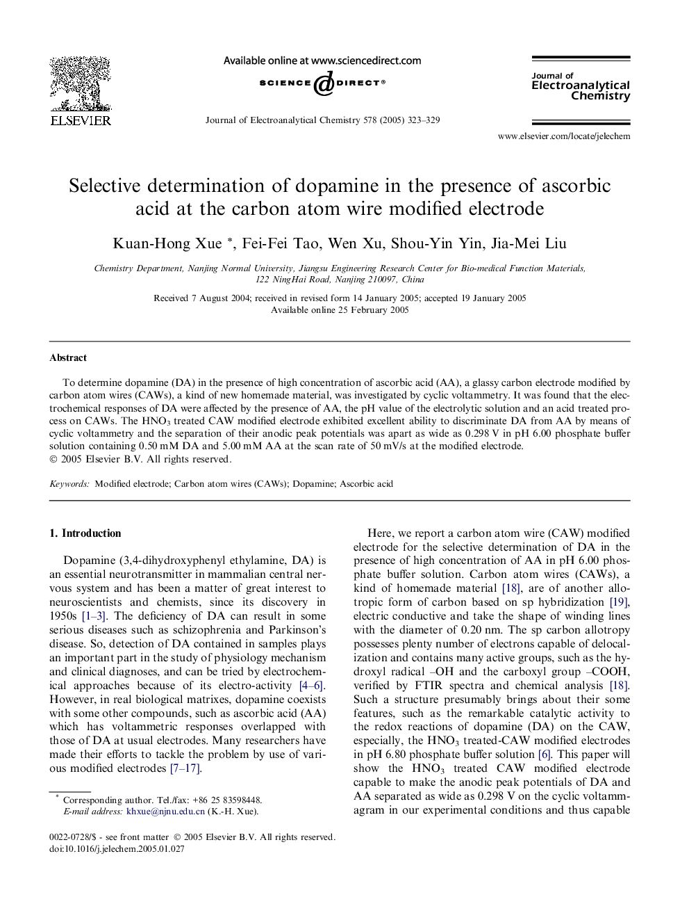 Selective determination of dopamine in the presence of ascorbic acid at the carbon atom wire modified electrode