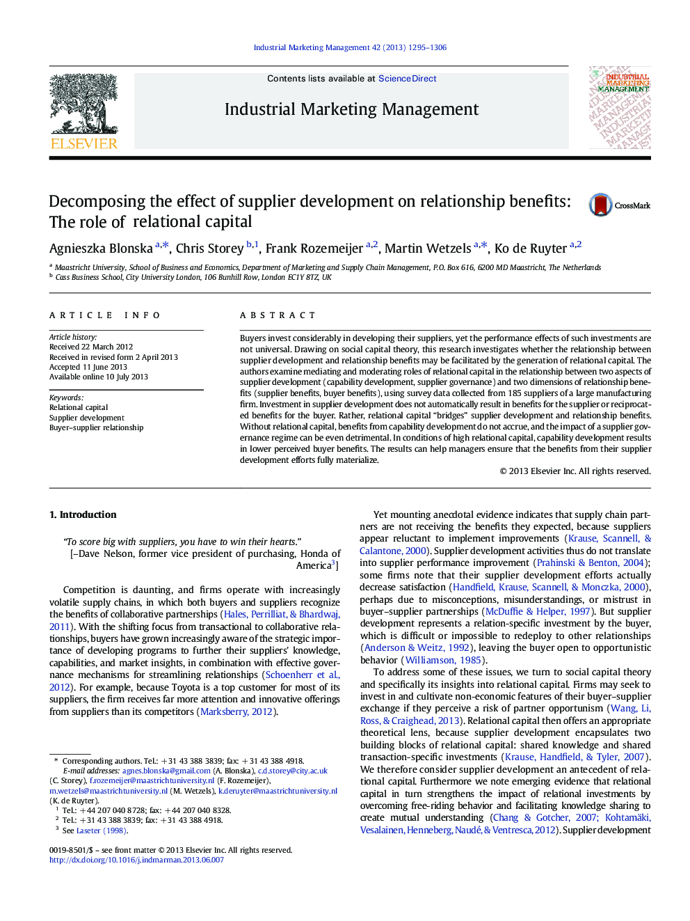 Decomposing the effect of supplier development on relationship benefits: The role of relational capital