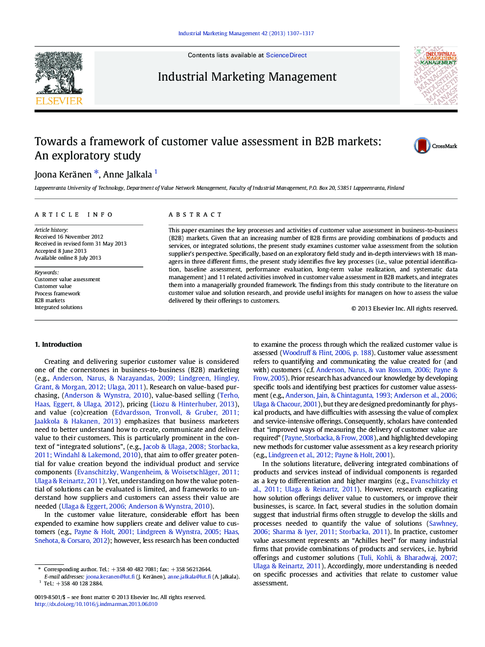 Towards a framework of customer value assessment in B2B markets: An exploratory study