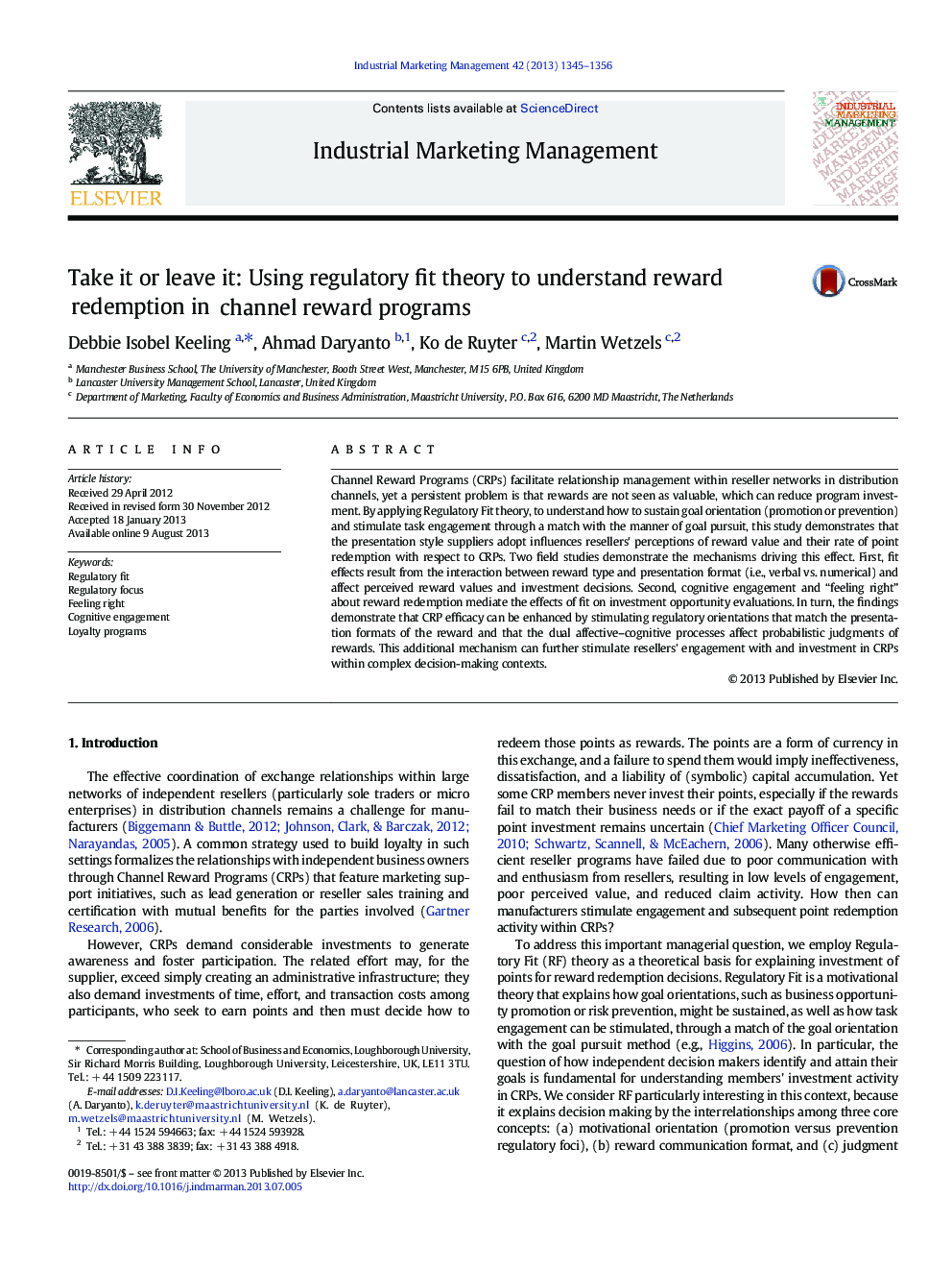 Take it or leave it: Using regulatory fit theory to understand reward redemption in channel reward programs