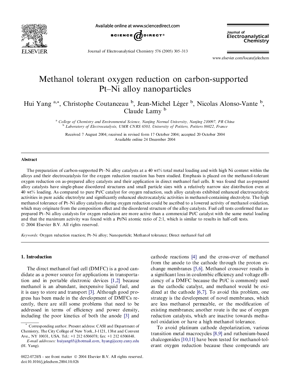 Methanol tolerant oxygen reduction on carbon-supported Pt-Ni alloy nanoparticles