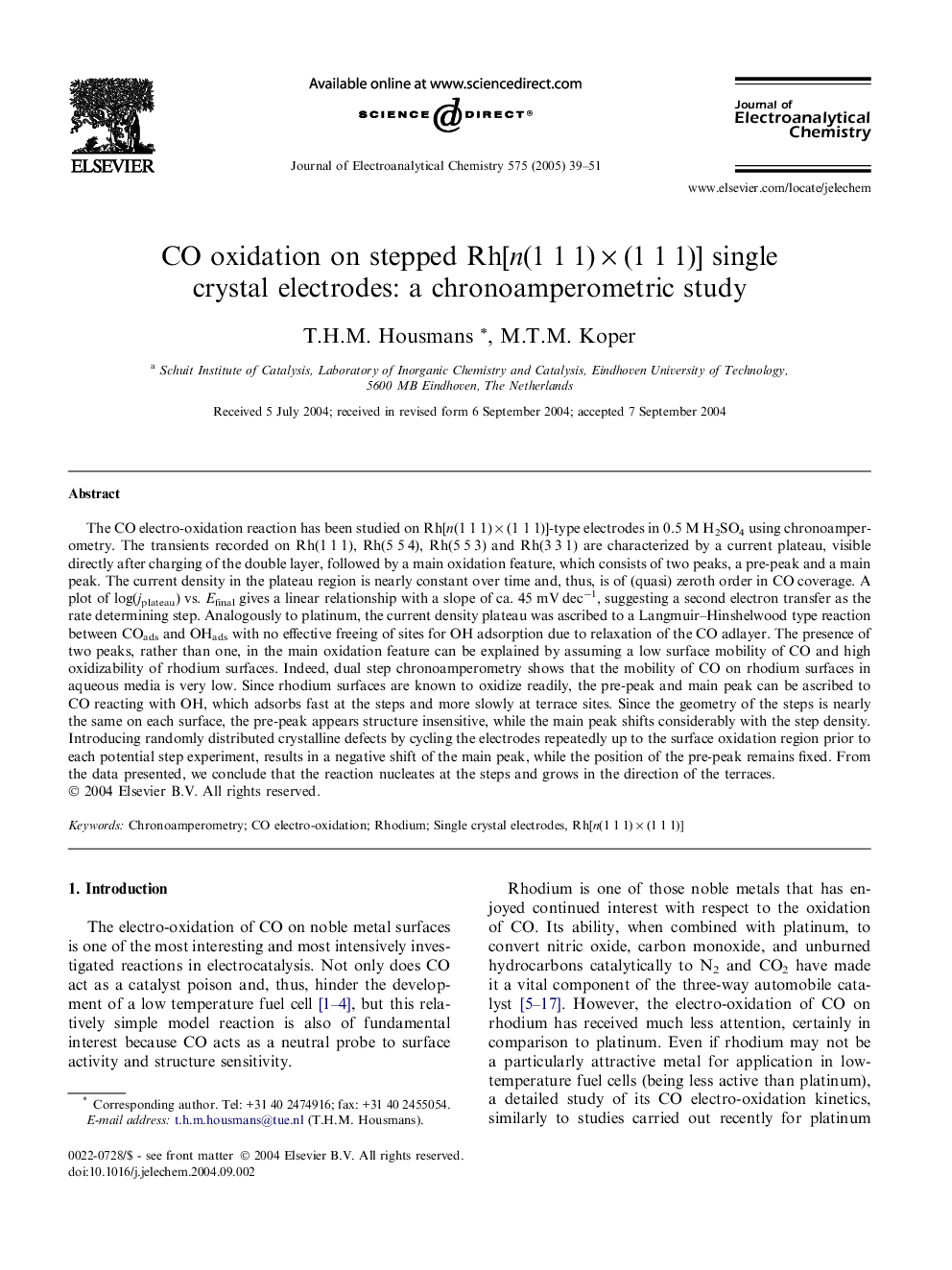 CO oxidation on stepped Rh[n(1Â 1Â 1)Â ÃÂ (1Â 1Â 1)] single crystal electrodes: a chronoamperometric study