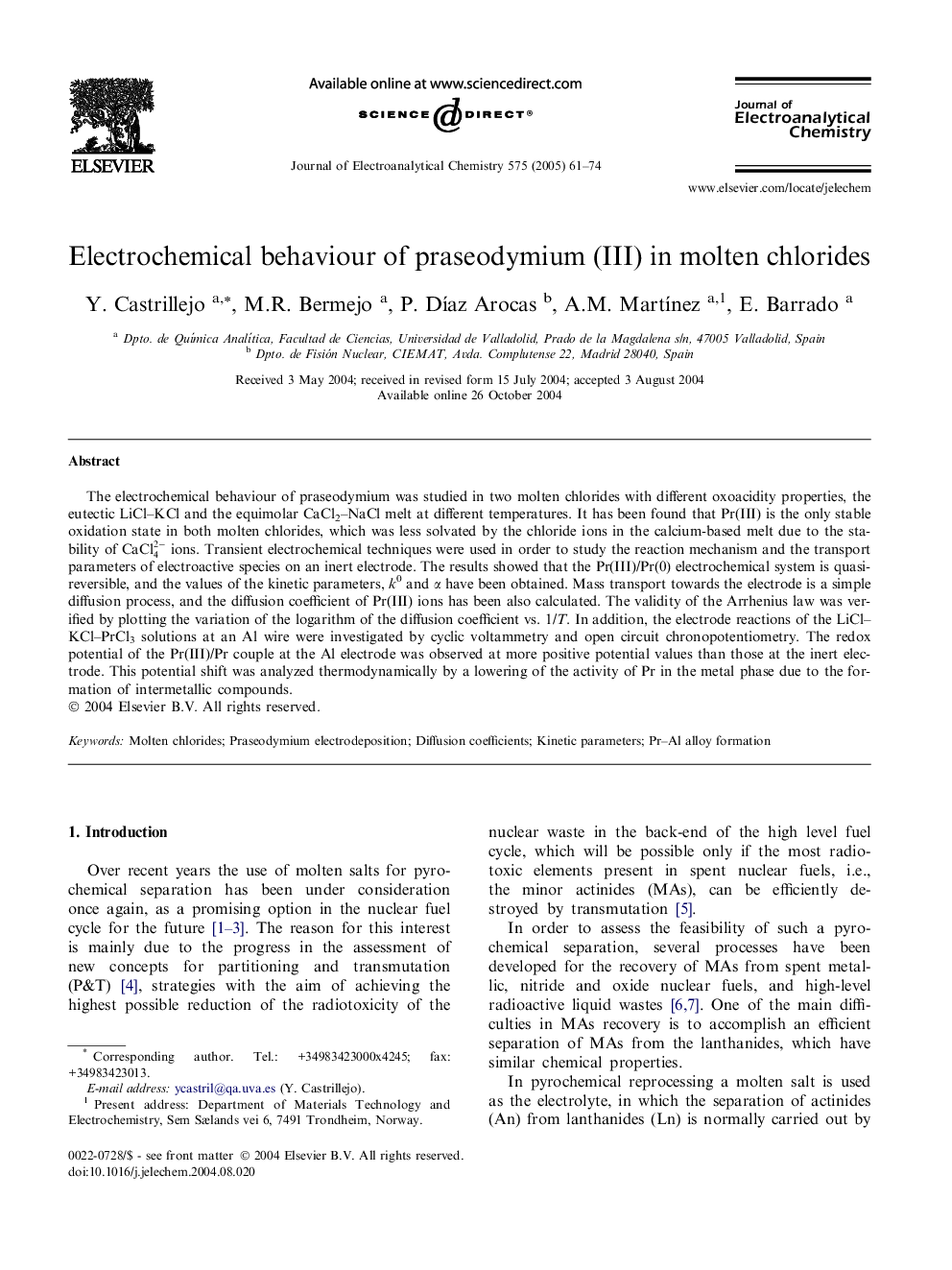 Electrochemical behaviour of praseodymium (III) in molten chlorides