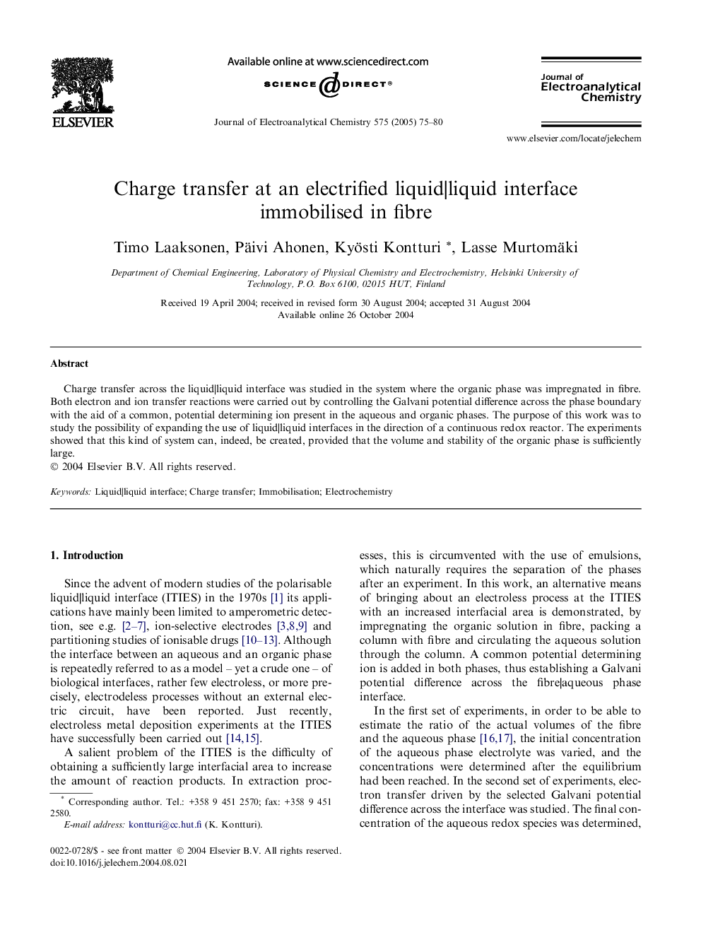 عکس صفحه اول مقاله: Charge transfer at an electrified liquid|liquid interface immobilised in fibre Charge transfer at an electrified liquid|liquid interface immobilised in fibre