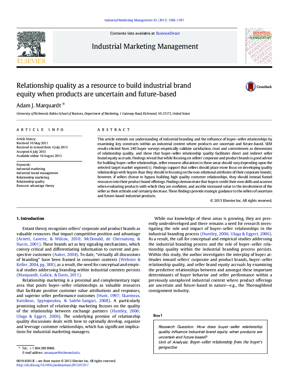 Relationship quality as a resource to build industrial brand equity when products are uncertain and future-based