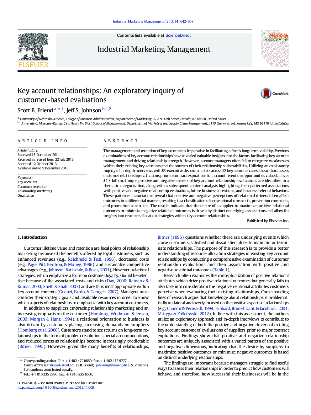 Key account relationships: An exploratory inquiry of customer-based evaluations