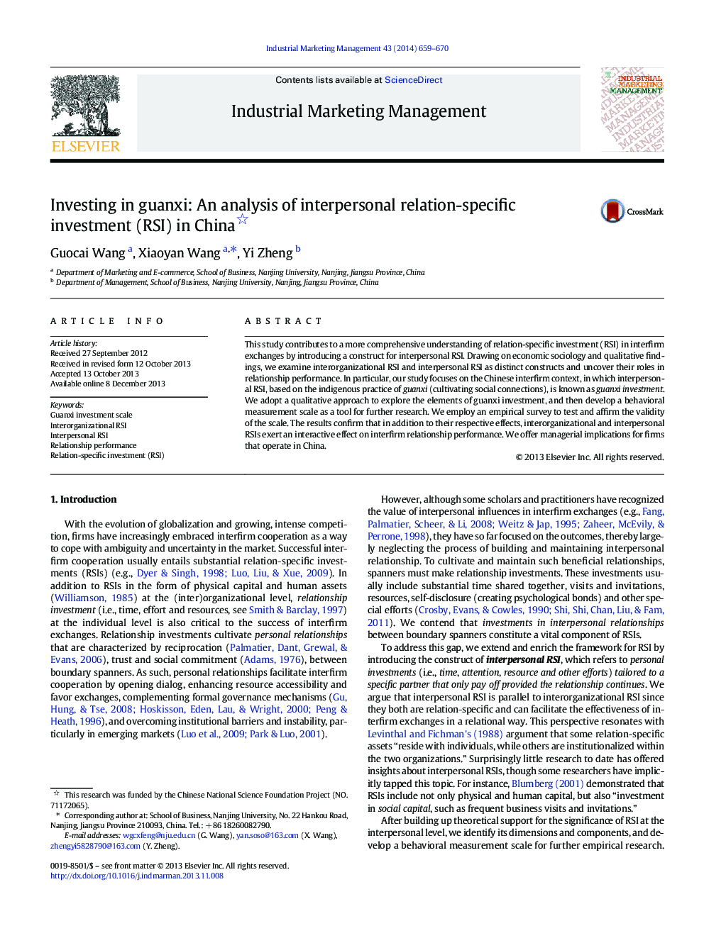 Investing in guanxi: An analysis of interpersonal relation-specific investment (RSI) in China 