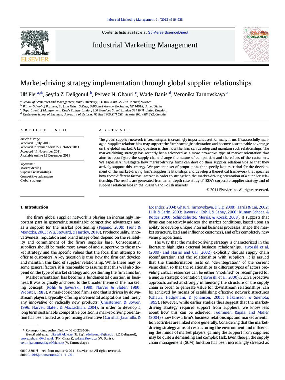 Market-driving strategy implementation through global supplier relationships