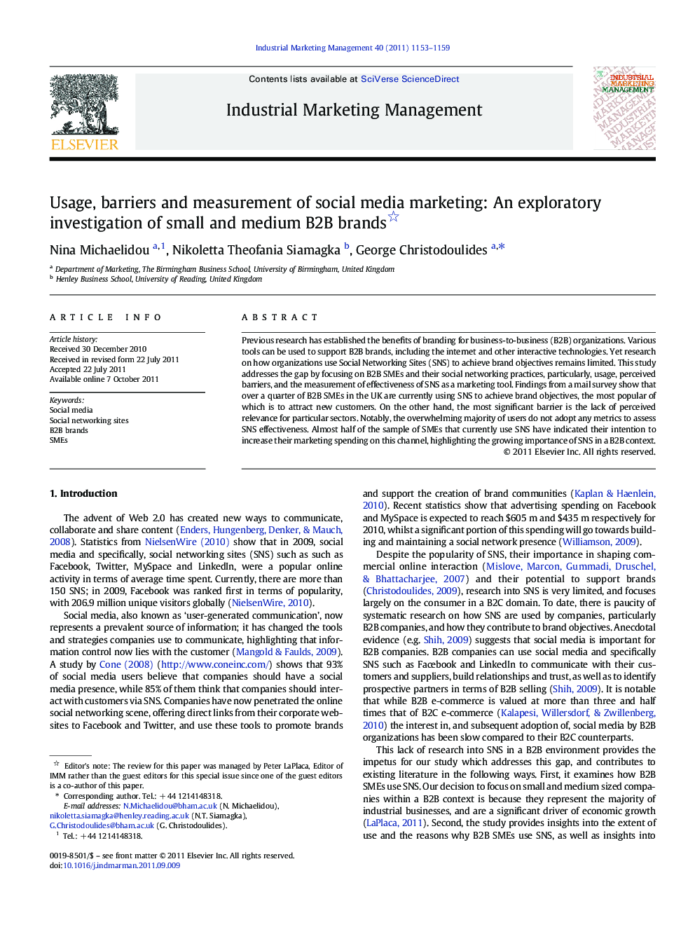 استفاده، موانع و اندازه‌گیری بازاریابی از طریق رسانه‌ها‌ی اجتماعی: تحقیقی اکتشافی از برندهای کوچک و متوسط‌B2B