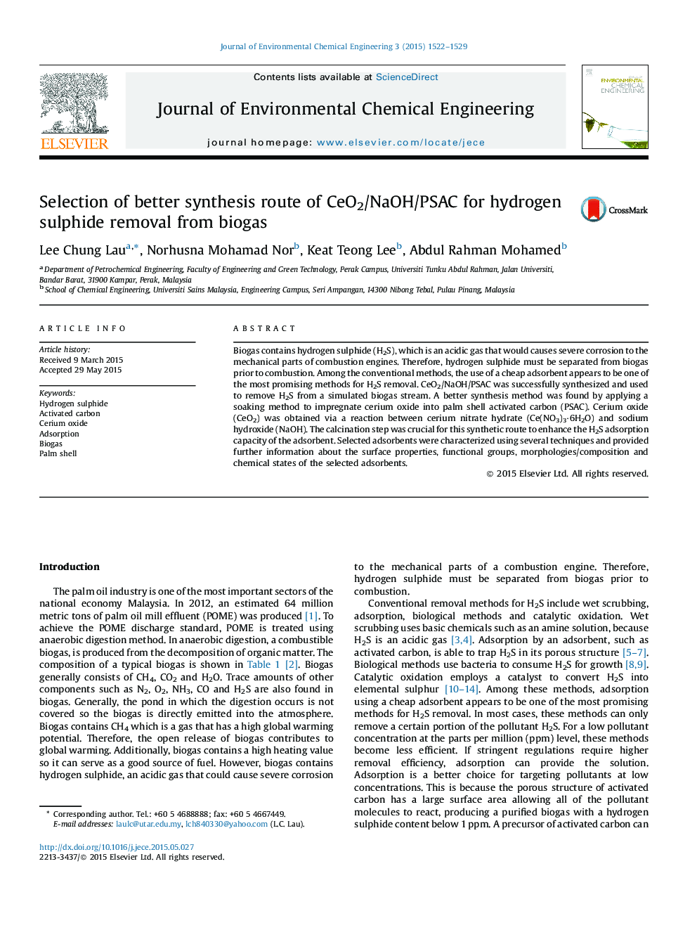 Selection of better synthesis route of CeO2/NaOH/PSAC for hydrogen sulphide removal from biogas