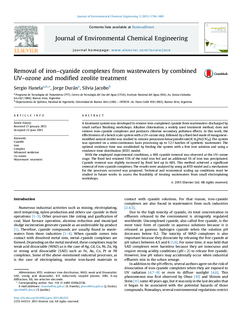 Removal of iron-cyanide complexes from wastewaters by combined UV-ozone and modified zeolite treatment