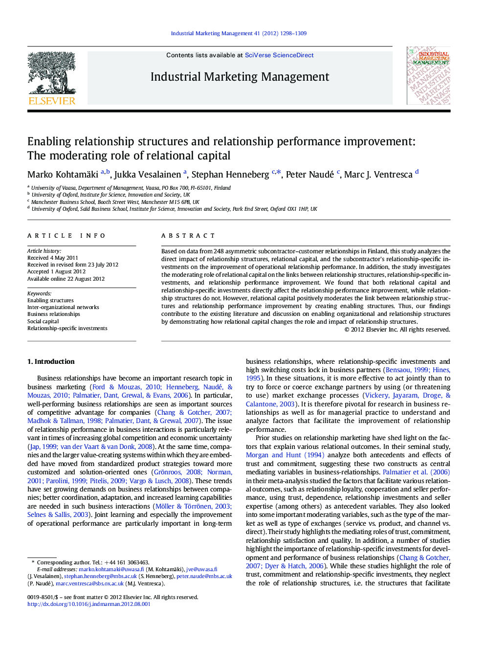 Enabling relationship structures and relationship performance improvement: The moderating role of relational capital