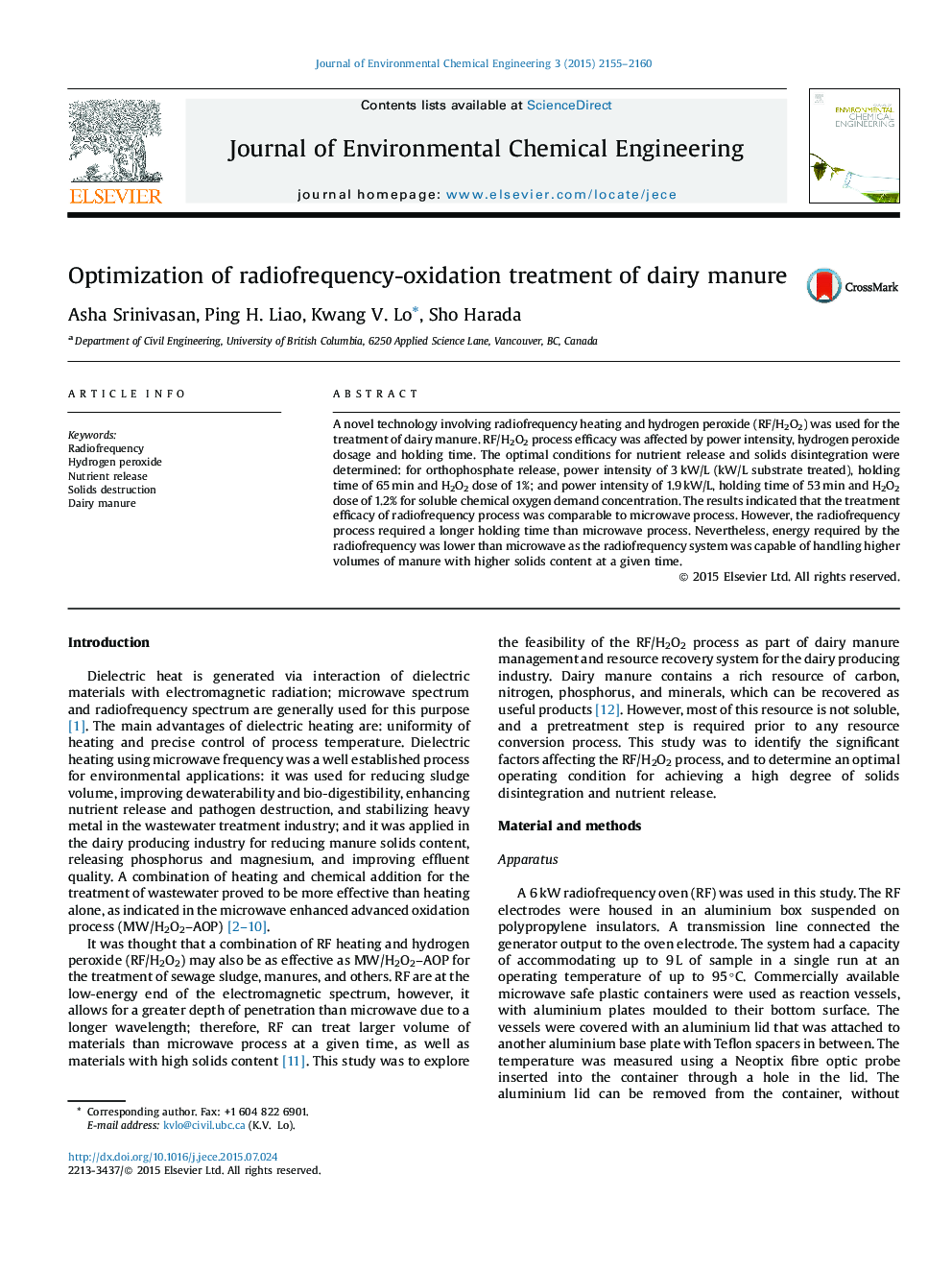 Optimization of radiofrequency-oxidation treatment of dairy manure