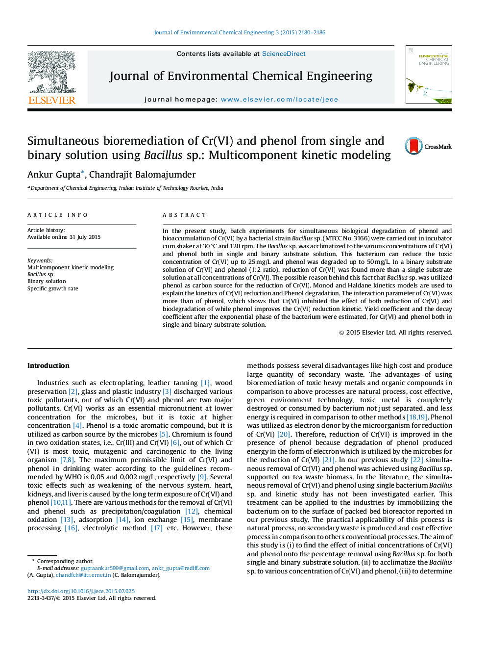 Simultaneous bioremediation of Cr(VI) and phenol from single and binary solution using Bacillus sp.: Multicomponent kinetic modeling