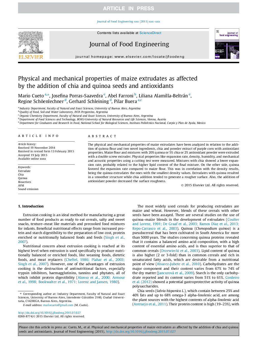 Physical and mechanical properties of maize extrudates as affected by the addition of chia and quinoa seeds and antioxidants