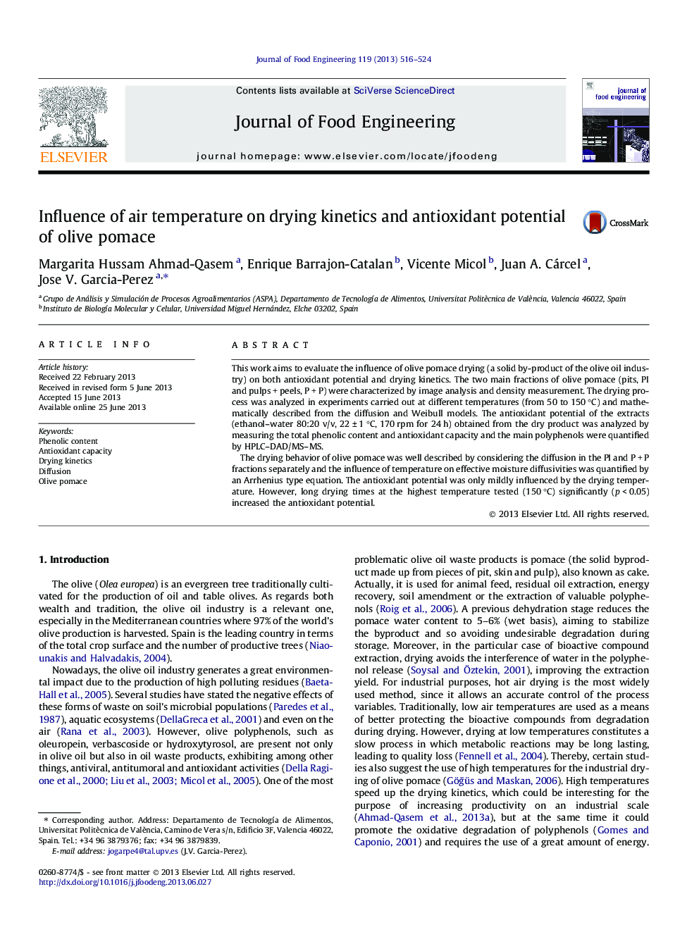 Influence of air temperature on drying kinetics and antioxidant potential of olive pomace