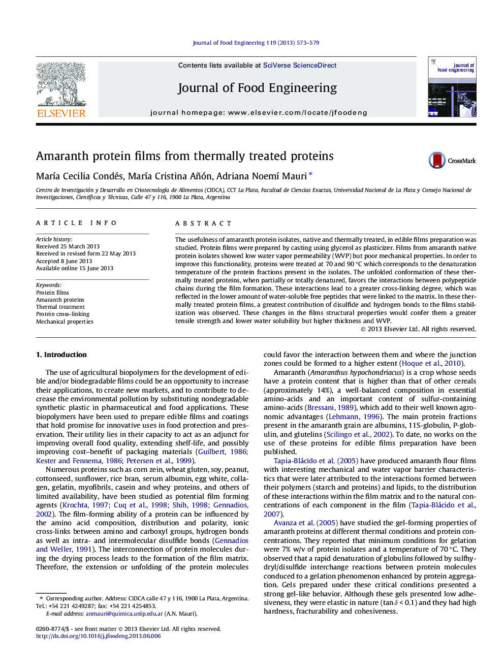 Amaranth protein films from thermally treated proteins