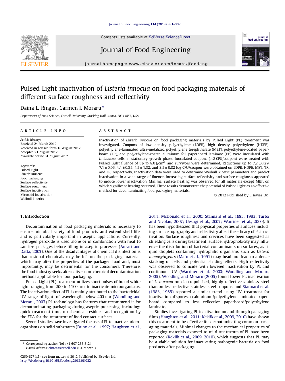 Pulsed Ligh inactivation of Listeria innocua on food packaging materials of different surface roughness and reflectivity