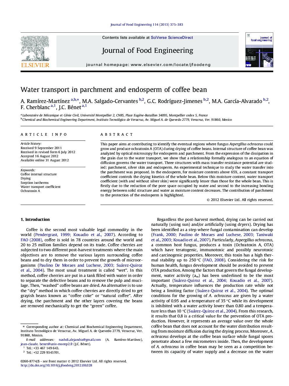 Water transport in parchment and endosperm of coffee bean