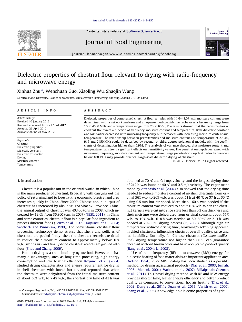 Dielectric properties of chestnut flour relevant to drying with radio-frequency and microwave energy