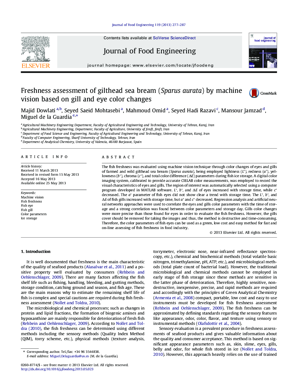 Freshness assessment of gilthead sea bream (Sparus aurata) by machine vision based on gill and eye color changes